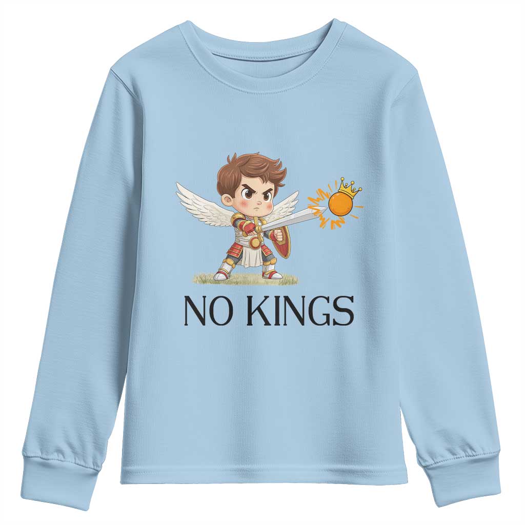 No Kings Youth Sweatshirt Funny Saint Michael Topples The Crown TS12 Light Blue Print Your Wear