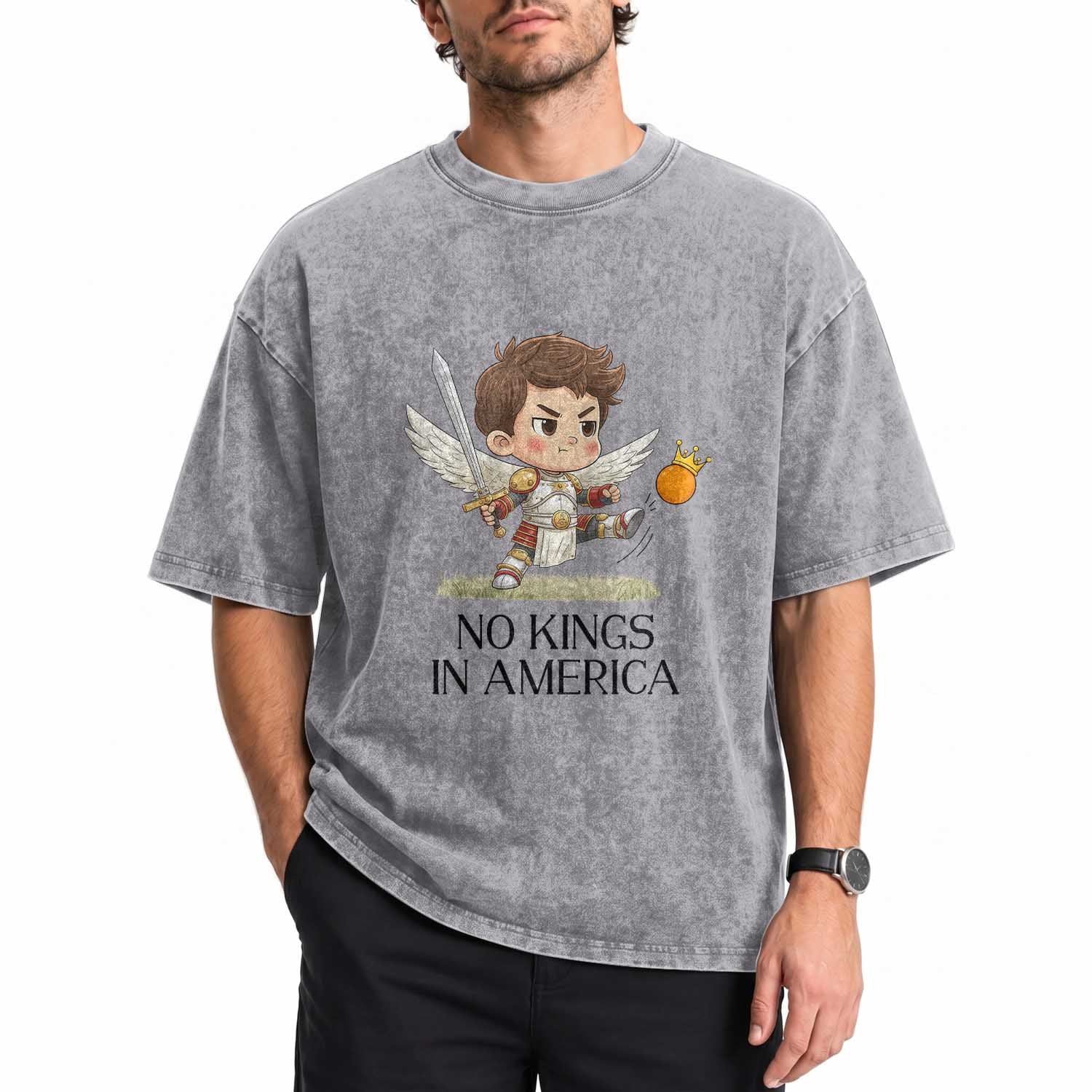 No Kings In America Washed Cotton T-Shirt Funny Saint Michael Kicking Crown