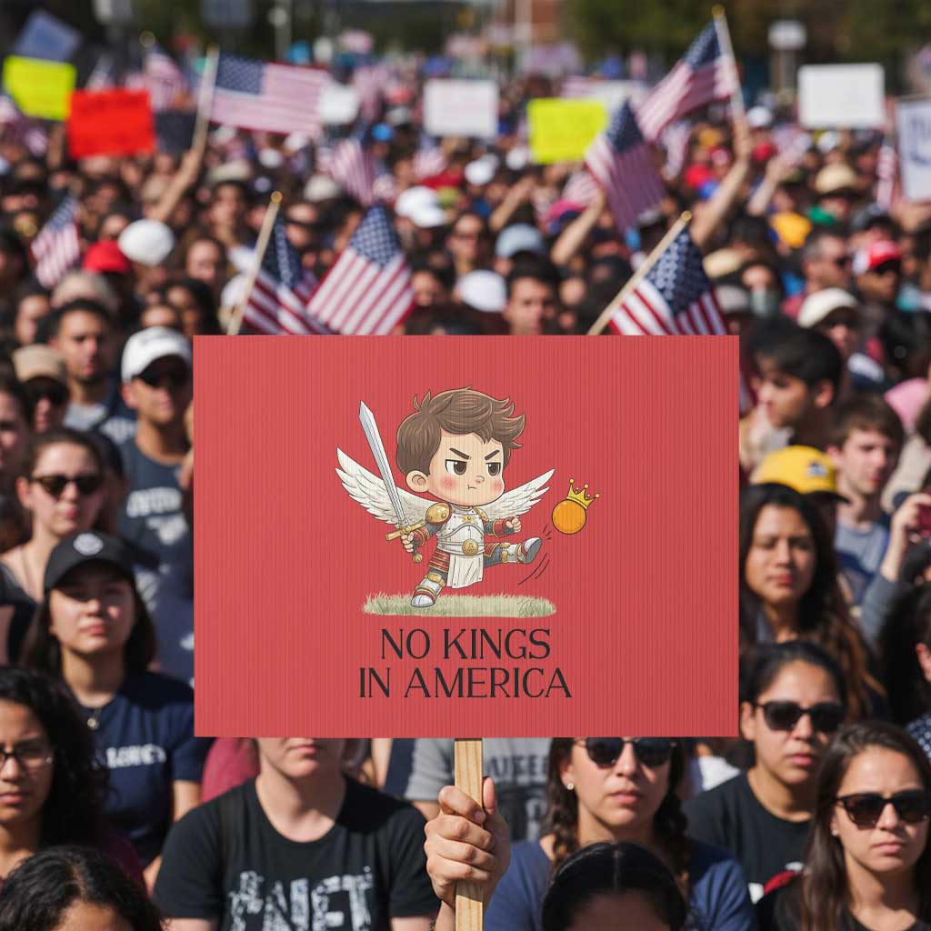 No Kings In America Protest Sign Funny Saint Michael Kicking Crown TS12 Horizontal 18