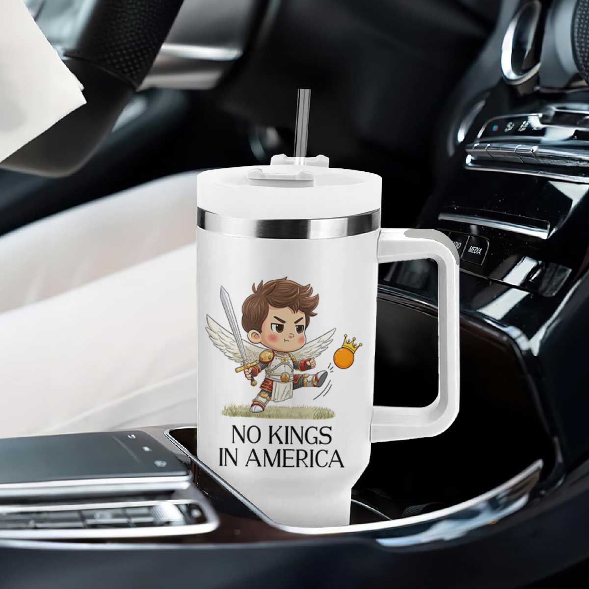 No Kings In America Tumbler With Handle Funny Saint Michael Kicking Crown TS12 Print Your Wear