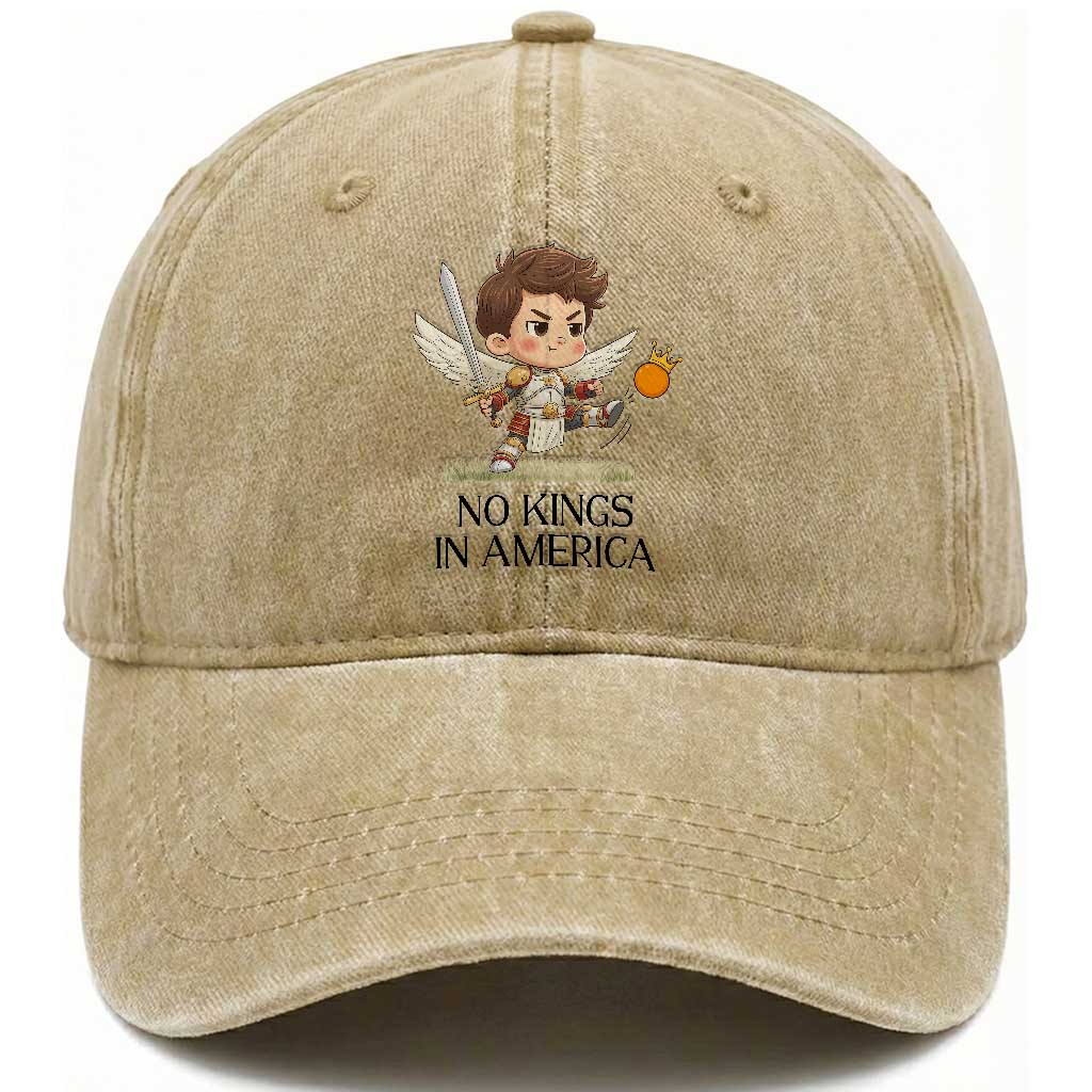 No Kings In America Washed Cotton Baseball Cap Funny Saint Michael Kicking Crown TS12 Print Your Wear