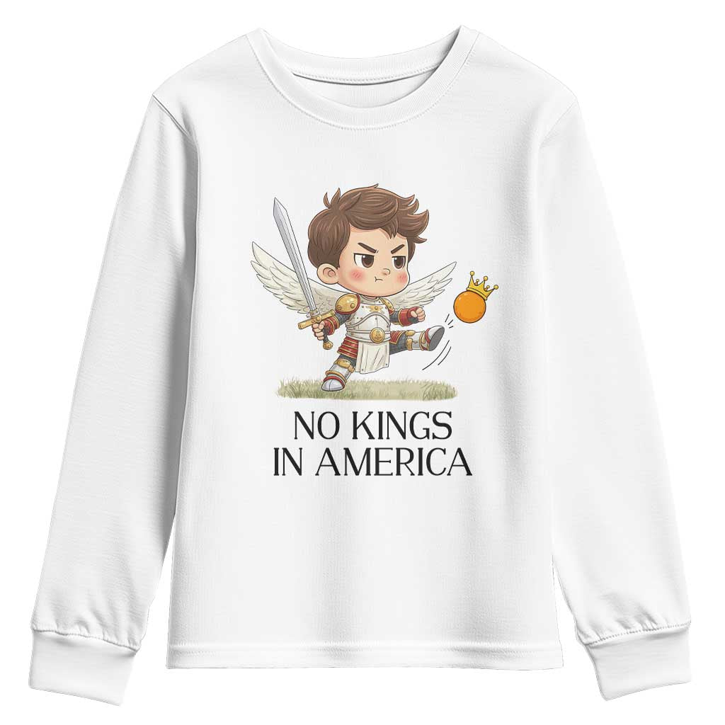 No Kings In America Youth Sweatshirt Funny Saint Michael Kicking Crown TS12 White Print Your Wear