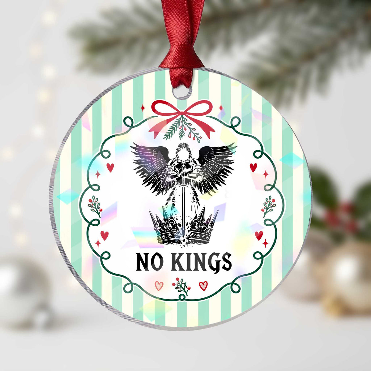 No Kings Holographic Acrylic Ornament St Michael Archangel Victory Over Tyranny