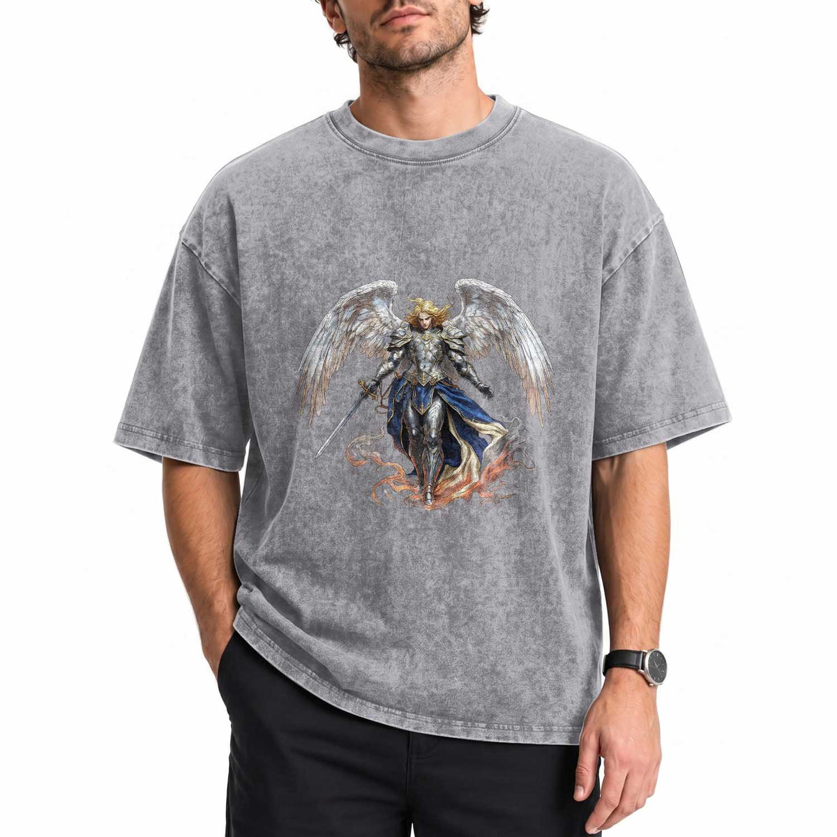 Archangel Saint Michael Warrior Washed Cotton T-Shirt Catholic Protection Gift