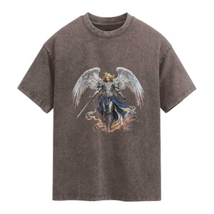 Archangel Saint Michael Warrior Washed Cotton T-Shirt Catholic Protection Gift