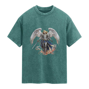 Archangel Saint Michael Warrior Washed Cotton T-Shirt Catholic Protection Gift