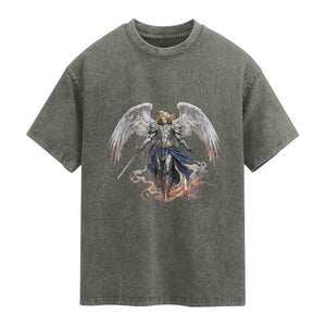 Archangel Saint Michael Warrior Washed Cotton T-Shirt Catholic Protection Gift