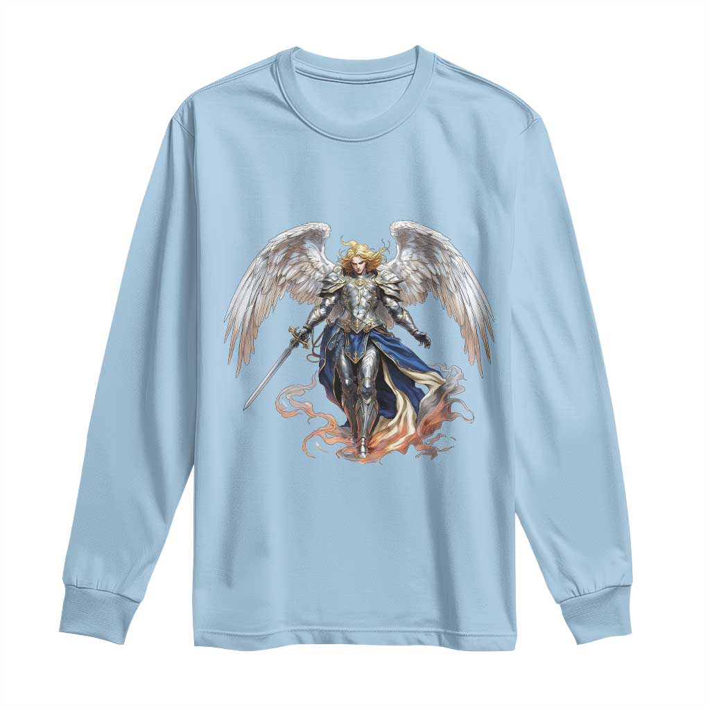 Archangel Saint Michael Warrior Long Sleeve Shirt Catholic Protection Gift TS12 Light Blue Print Your Wear