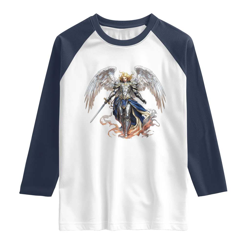 Archangel Saint Michael Warrior Raglan Shirt Catholic Protection Gift TS12 White Navy Print Your Wear