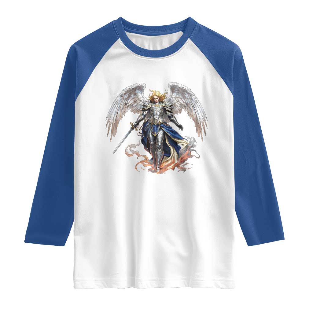 Archangel Saint Michael Warrior Raglan Shirt Catholic Protection Gift TS12 White Royal Print Your Wear