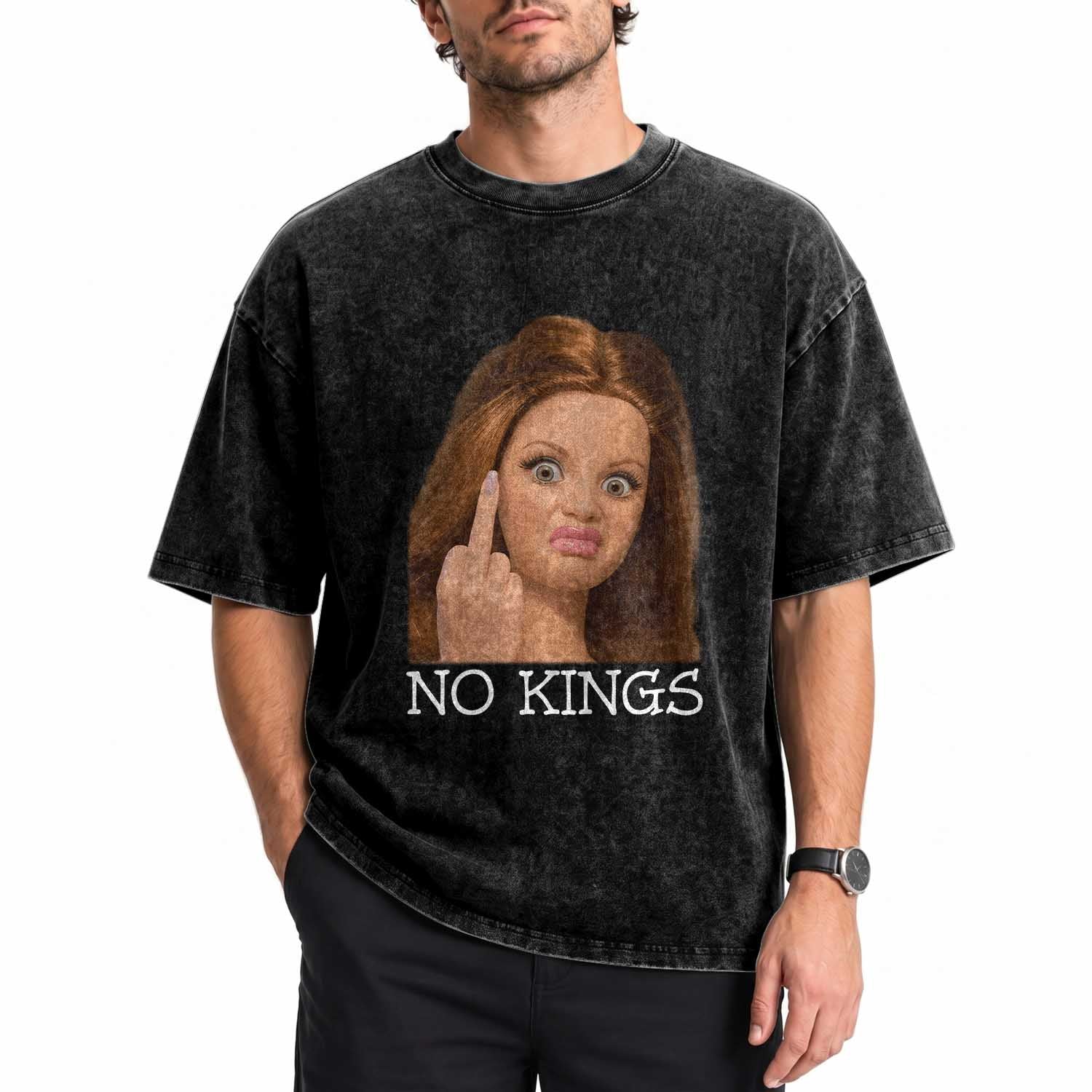 No Kings Washed Cotton T-Shirt Funny Disgusted Doll Face Meme
