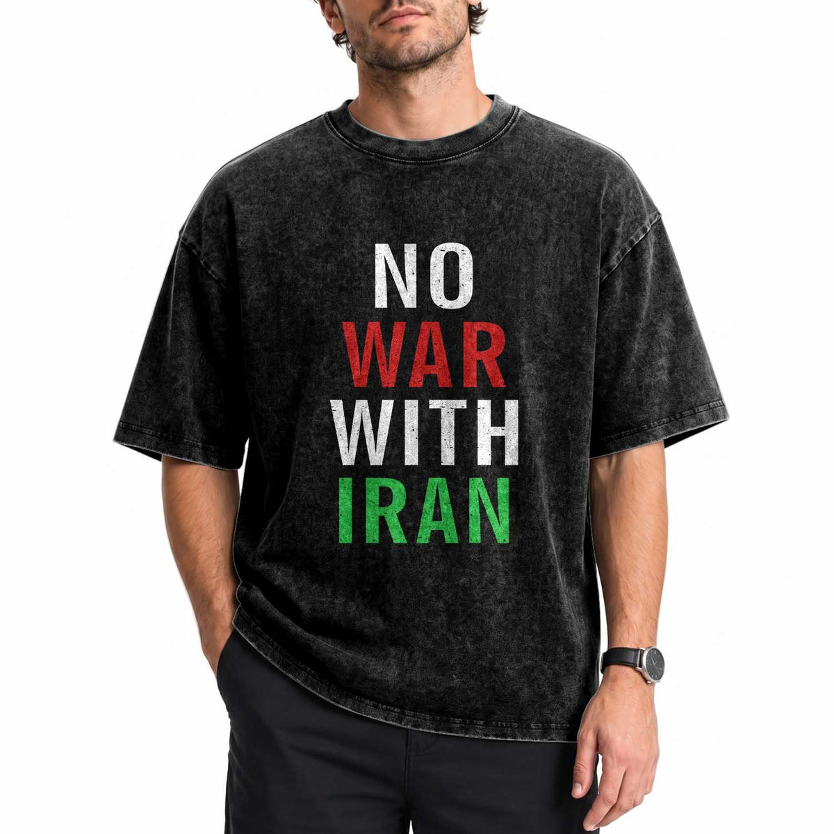 No War With Iran Washed Cotton T-Shirt Anti War Political Protest Statement