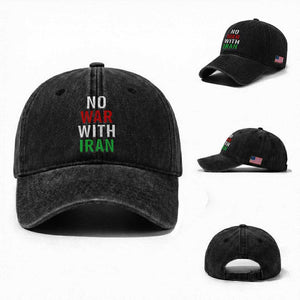 No War With Iran Washed Cotton Baseball Cap Anti War Political Protest Statement TS12 Washed Cap Universal Fit Black Print Your Wear