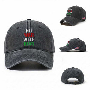 No War With Iran Washed Cotton Baseball Cap Anti War Political Protest Statement TS12 Washed Cap Universal Fit Dark Gray Print Your Wear