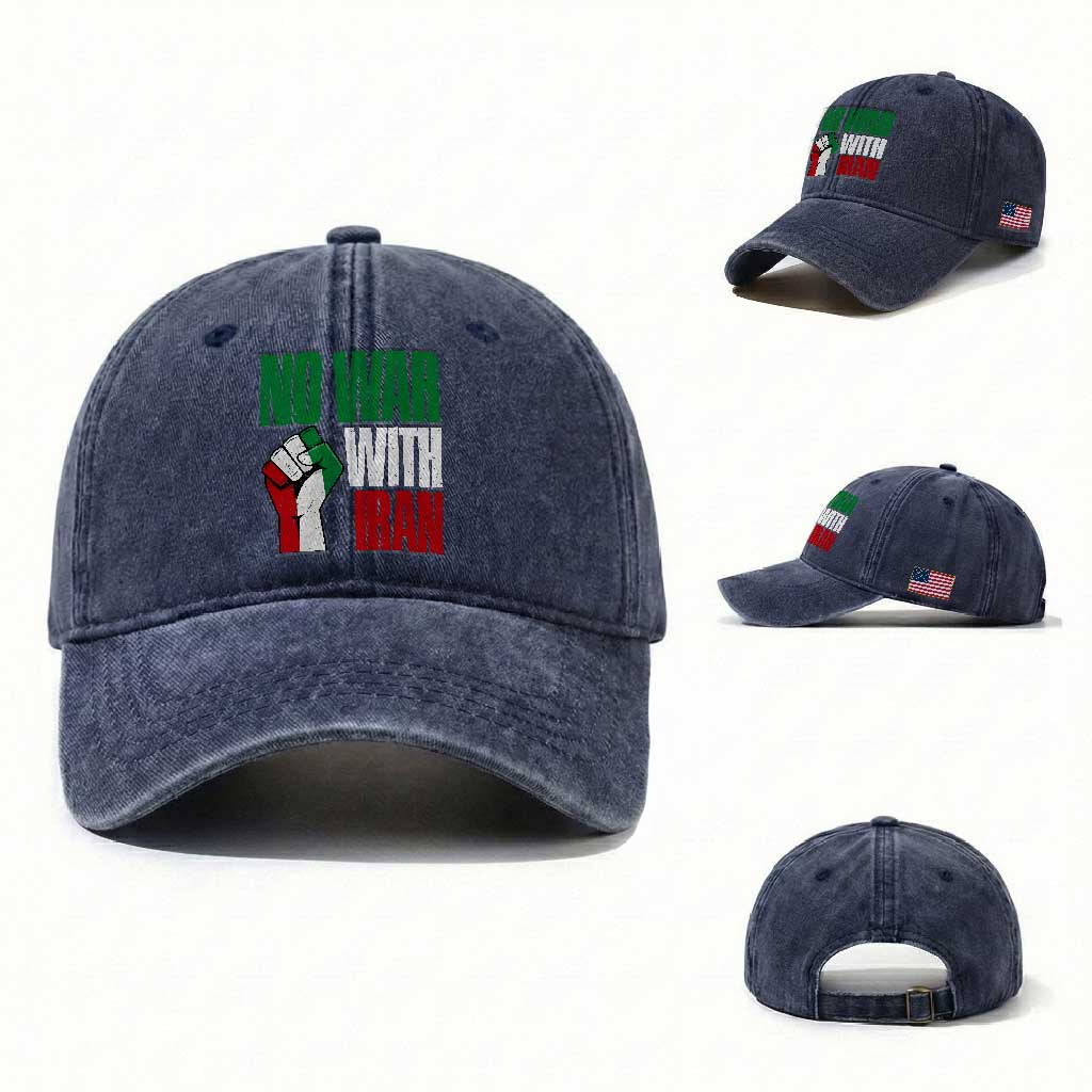 No War With Iran Washed Cotton Baseball Cap Peace Activist Gift TS12 Washed Cap Universal Fit Navy Print Your Wear