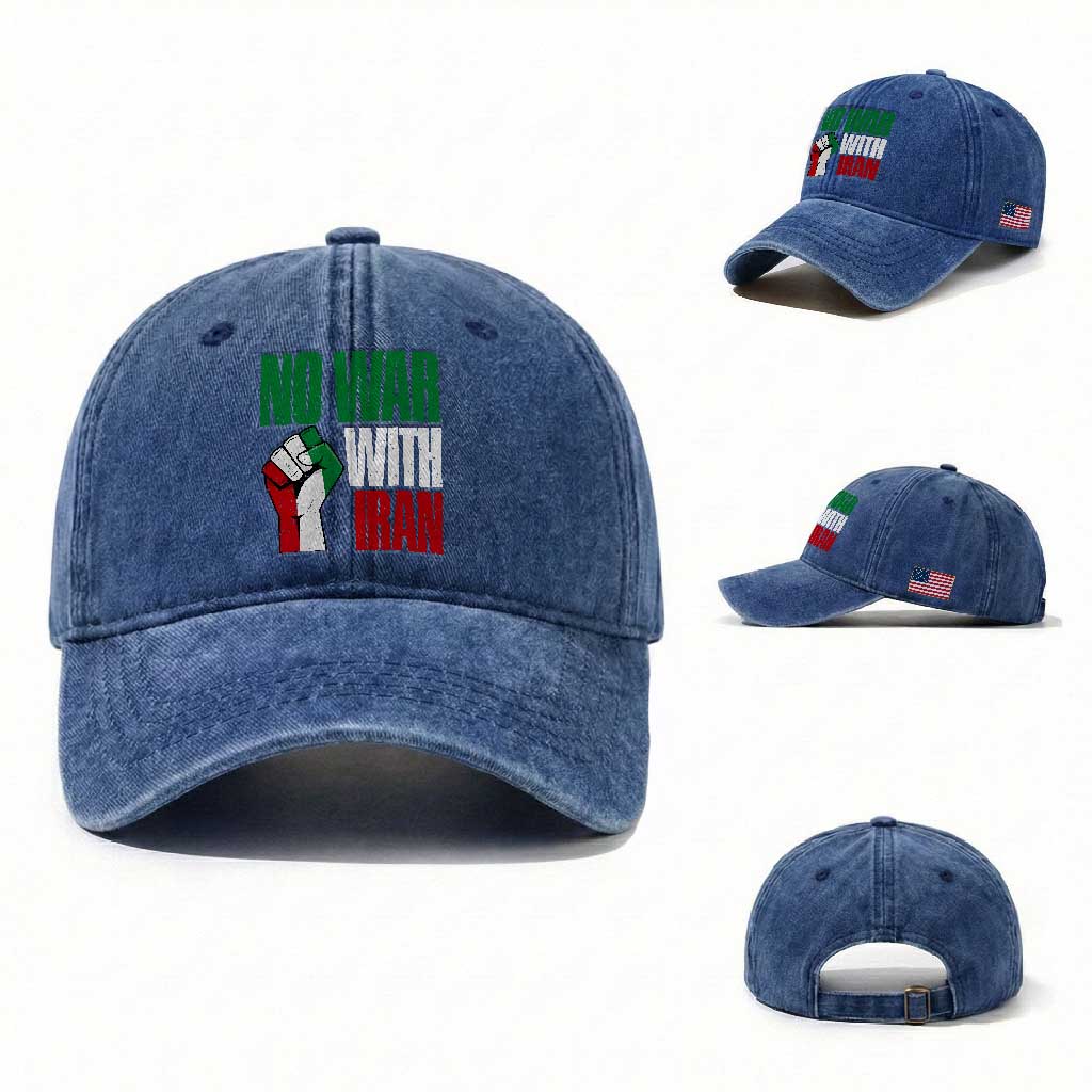 No War With Iran Washed Cotton Baseball Cap Peace Activist Gift TS12 Washed Cap Universal Fit Royal Blue Print Your Wear