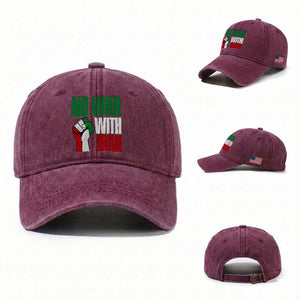 No War With Iran Washed Cotton Baseball Cap Peace Activist Gift TS12 Washed Cap Universal Fit Burgundy Print Your Wear