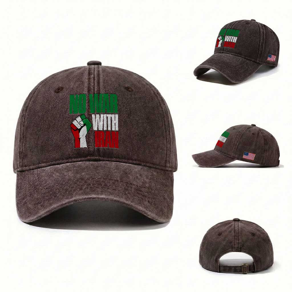 No War With Iran Washed Cotton Baseball Cap Peace Activist Gift TS12 Washed Cap Universal Fit Dark Brown Print Your Wear