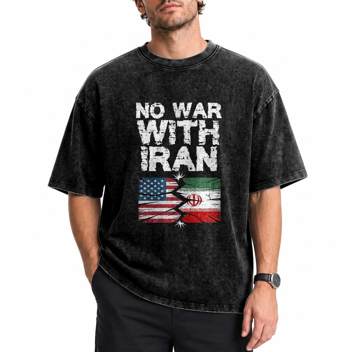 No War With Iran Washed Cotton T-Shirt Support Iranian People Peace