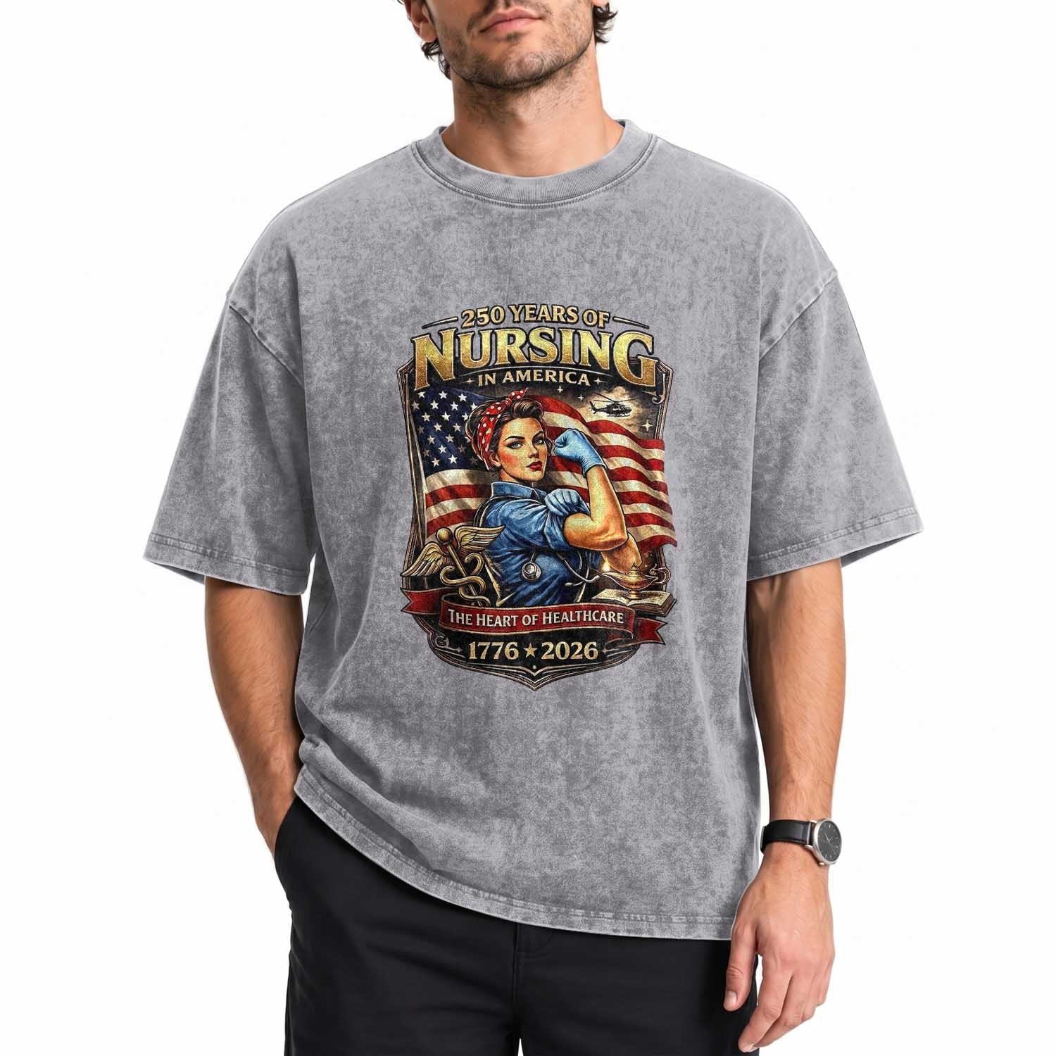 Patriotic Rosie Nurse Feminist Pride Washed Cotton T-Shirt 250 Years Of Nursing