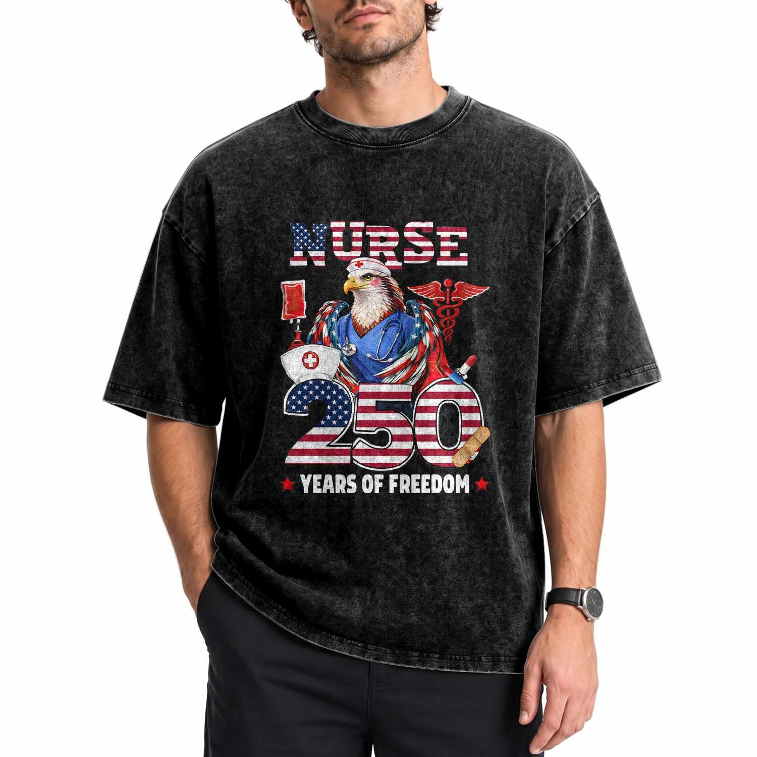 Bald Eagle Nurse 250 Years Of Freedom Washed Cotton T-Shirt Patriotic American Nurse Gift