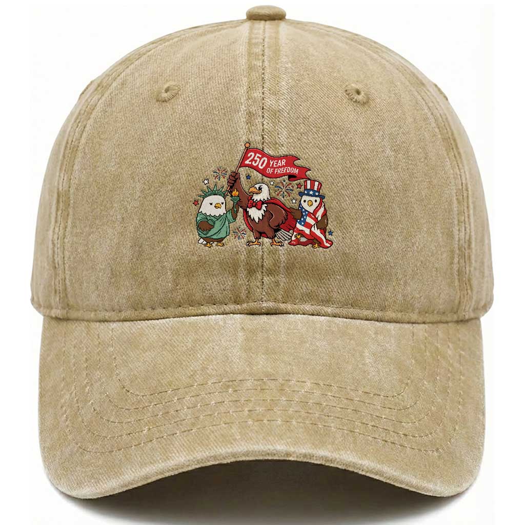 Cute Patriotic Eagle 250 Years Of Freedom Washed Cotton Baseball Cap American Pride Gift TS12 Washed Cap Universal Fit Khaki Print Your Wear