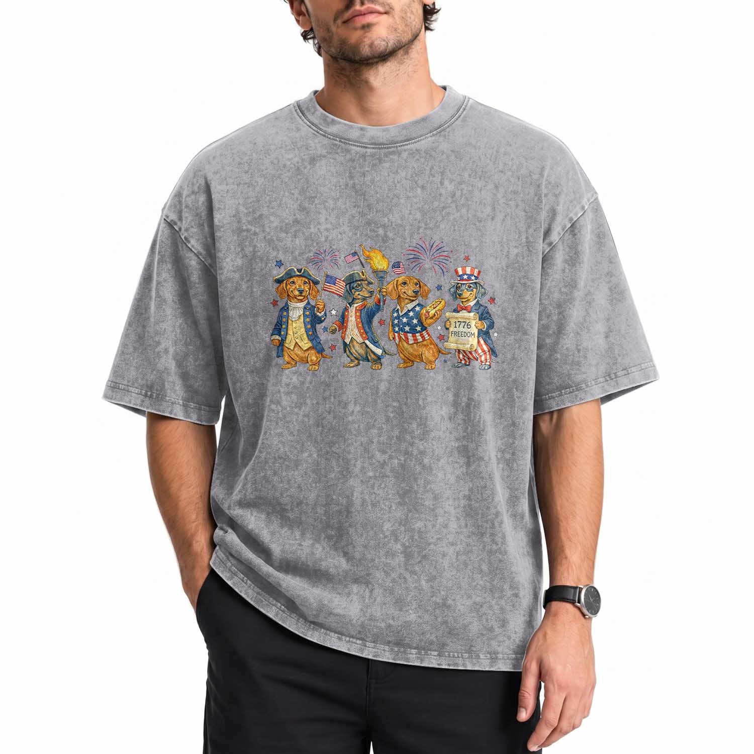 Patriotic Wiener Dog 250th Anniversary Washed Cotton T-Shirt Dachshund Lover Gift