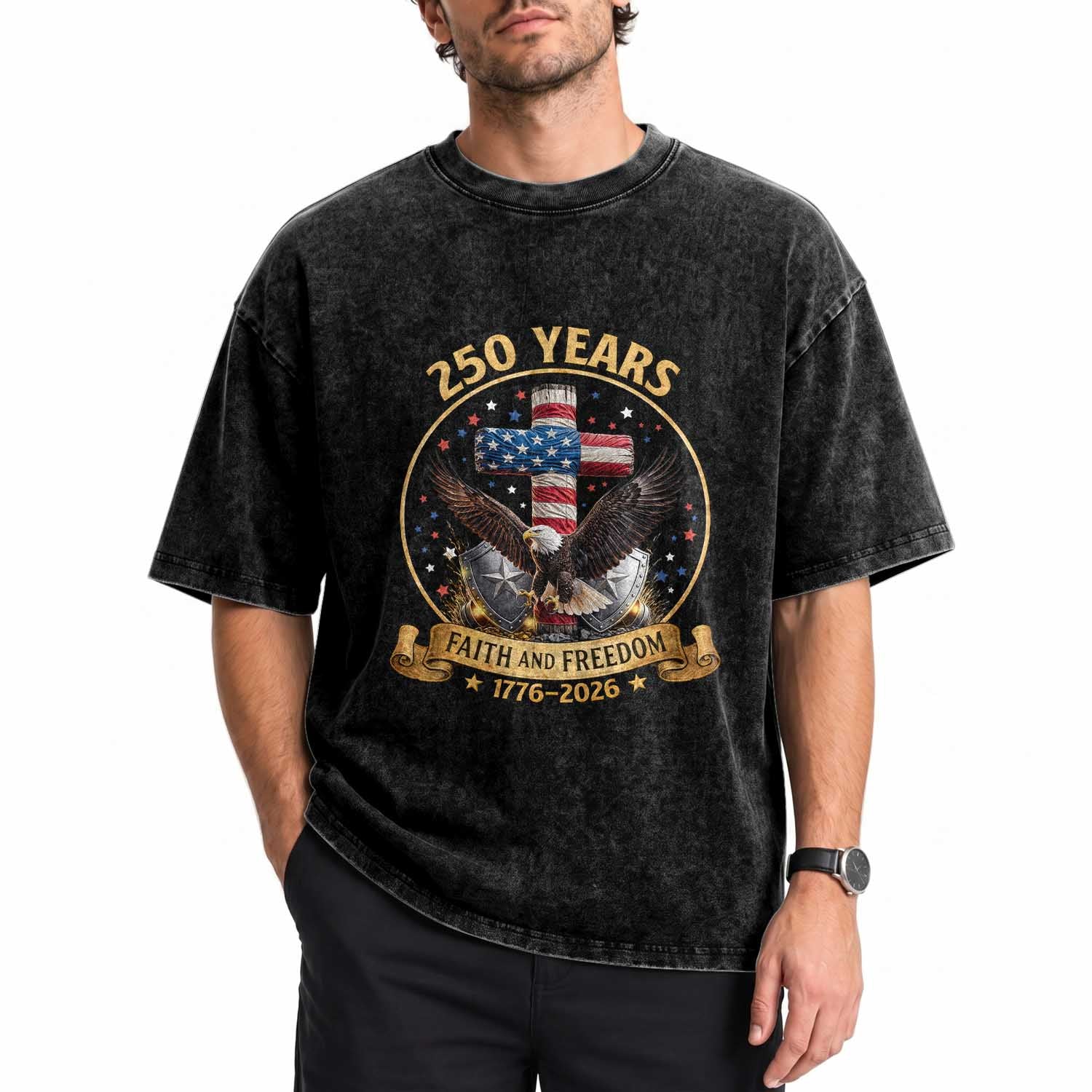 Christian Patriotic Eagle Cross Washed Cotton T-Shirt 250 Years Faith And Freedom USA Gift