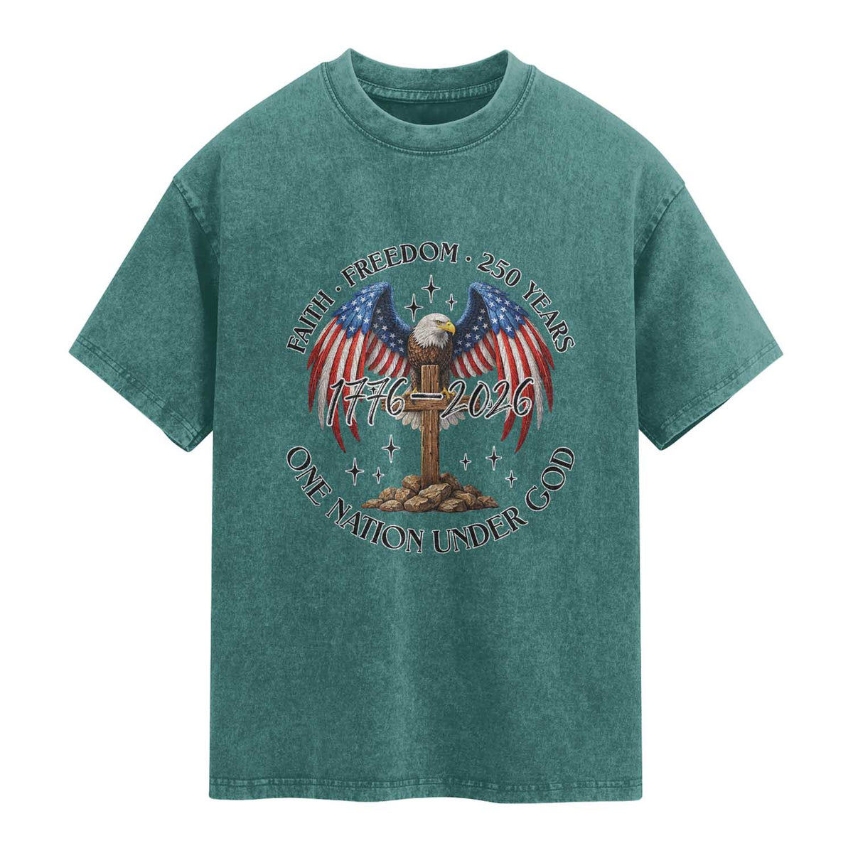 Patriotic Eagle Cross One Nation Under God Washed Cotton T-Shirt 250th Anniversary
