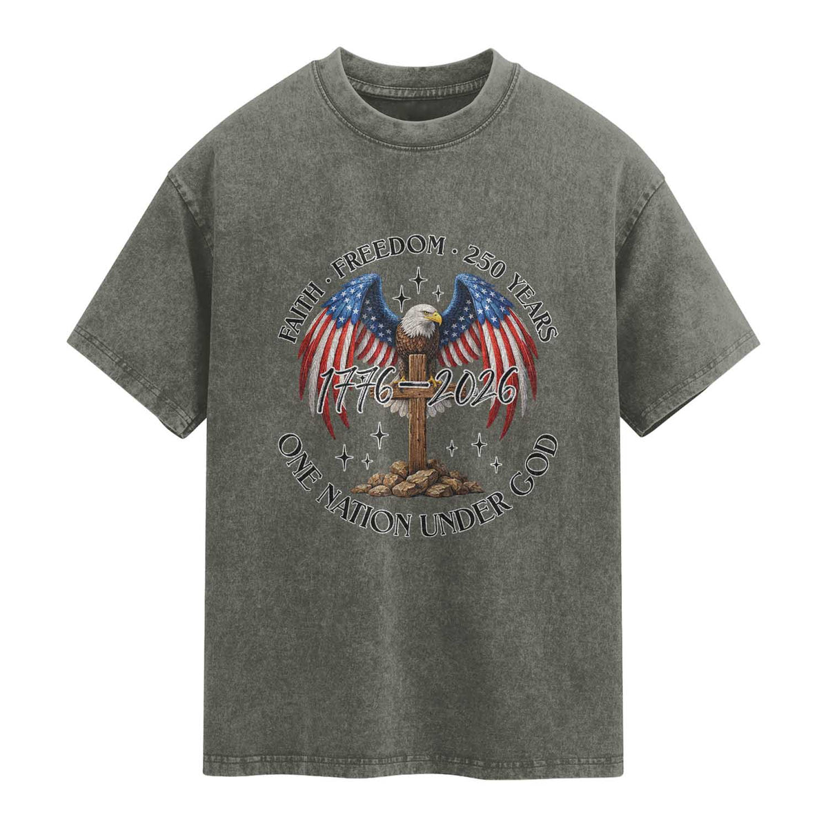 Patriotic Eagle Cross One Nation Under God Washed Cotton T-Shirt 250th Anniversary
