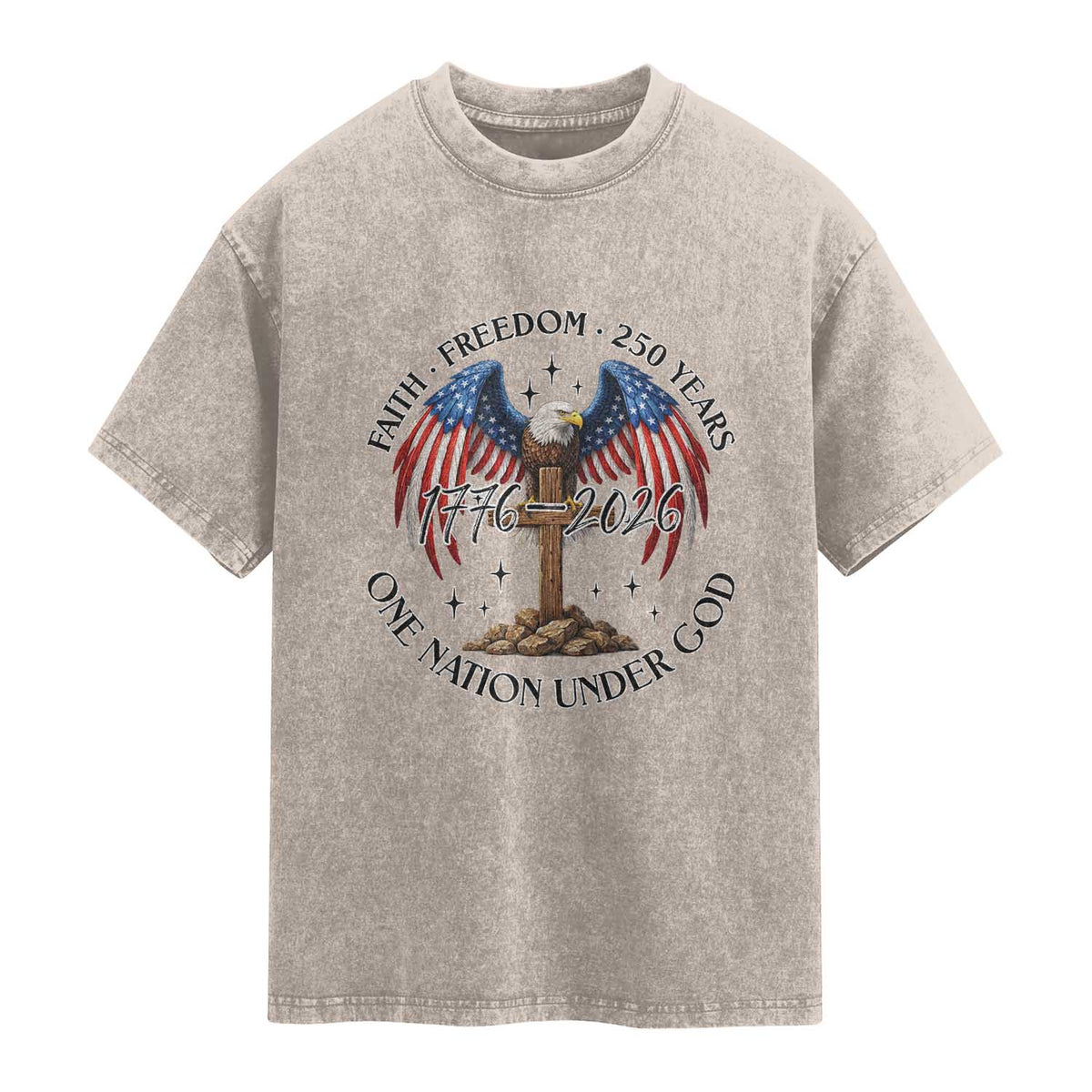 Patriotic Eagle Cross One Nation Under God Washed Cotton T-Shirt 250th Anniversary