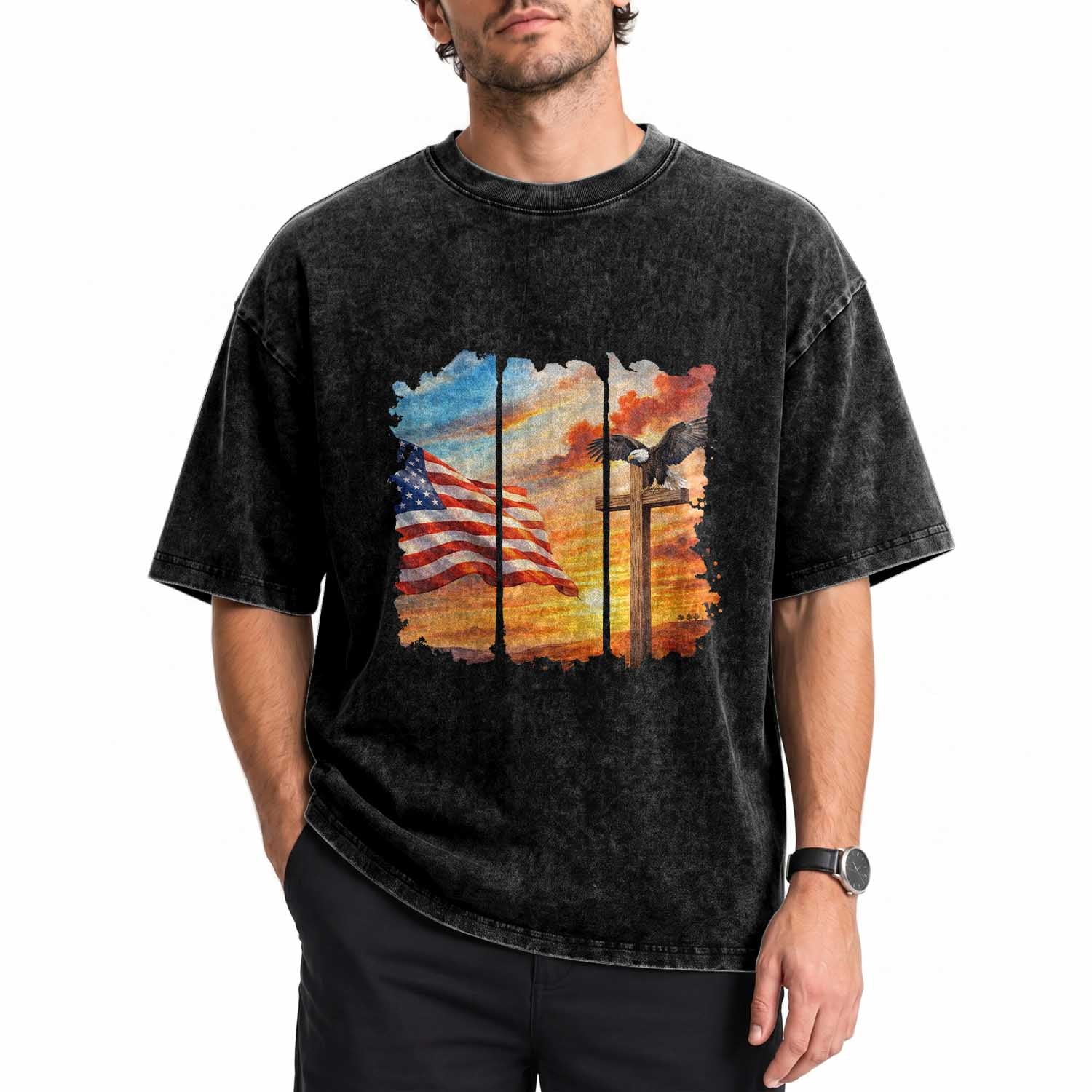 Faith And Freedom Christian American Flag Eagle Washed Cotton T-Shirt American Faith Pride