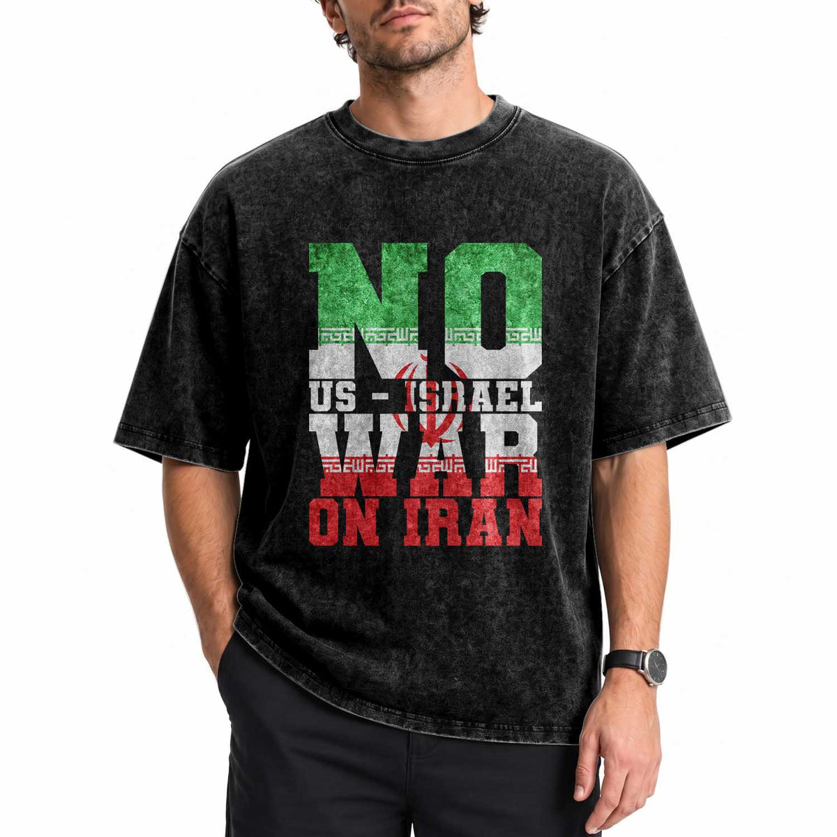 No Us Israel War On Iran Washed Cotton T-Shirt Anti War Political Protest Statement
