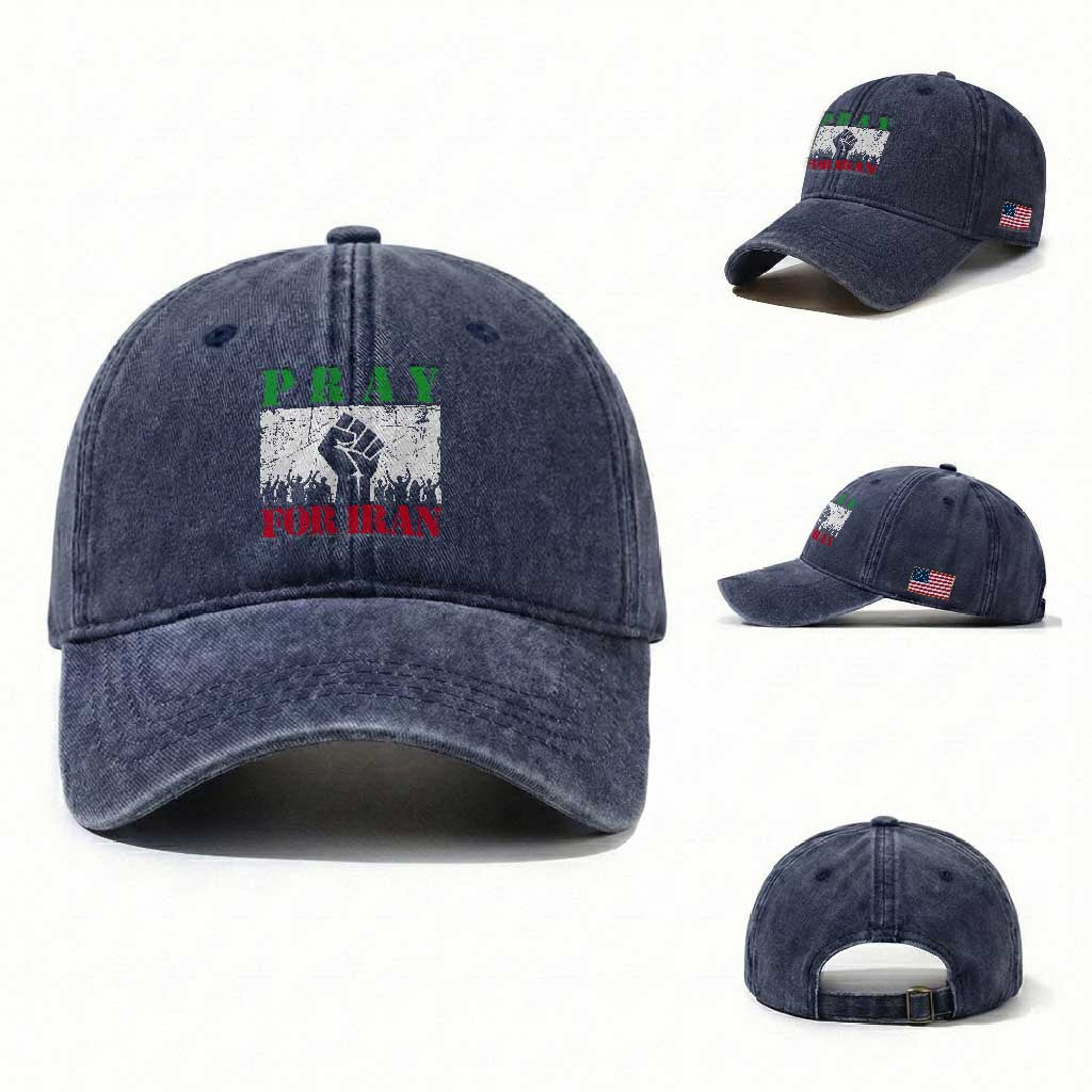 Pray For Iran Washed Cotton Baseball Cap Support Iranian People Peace TS12 Washed Cap Universal Fit Navy Print Your Wear