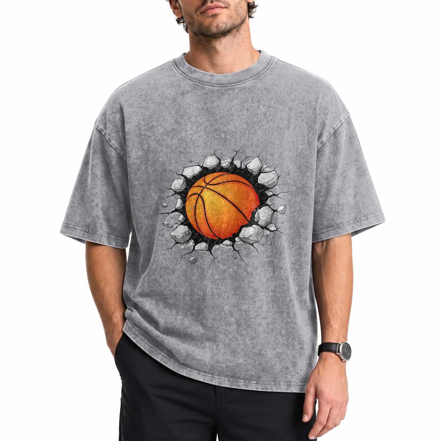 Funny Basketball Bursting Through Wall Washed Cotton T-Shirt Sports Fan Gift