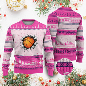 Funny Basketball Bursting Through Wall Ugly Christmas Sweater Sports Fan Gift TS12 Hot Pink Print Your Wear