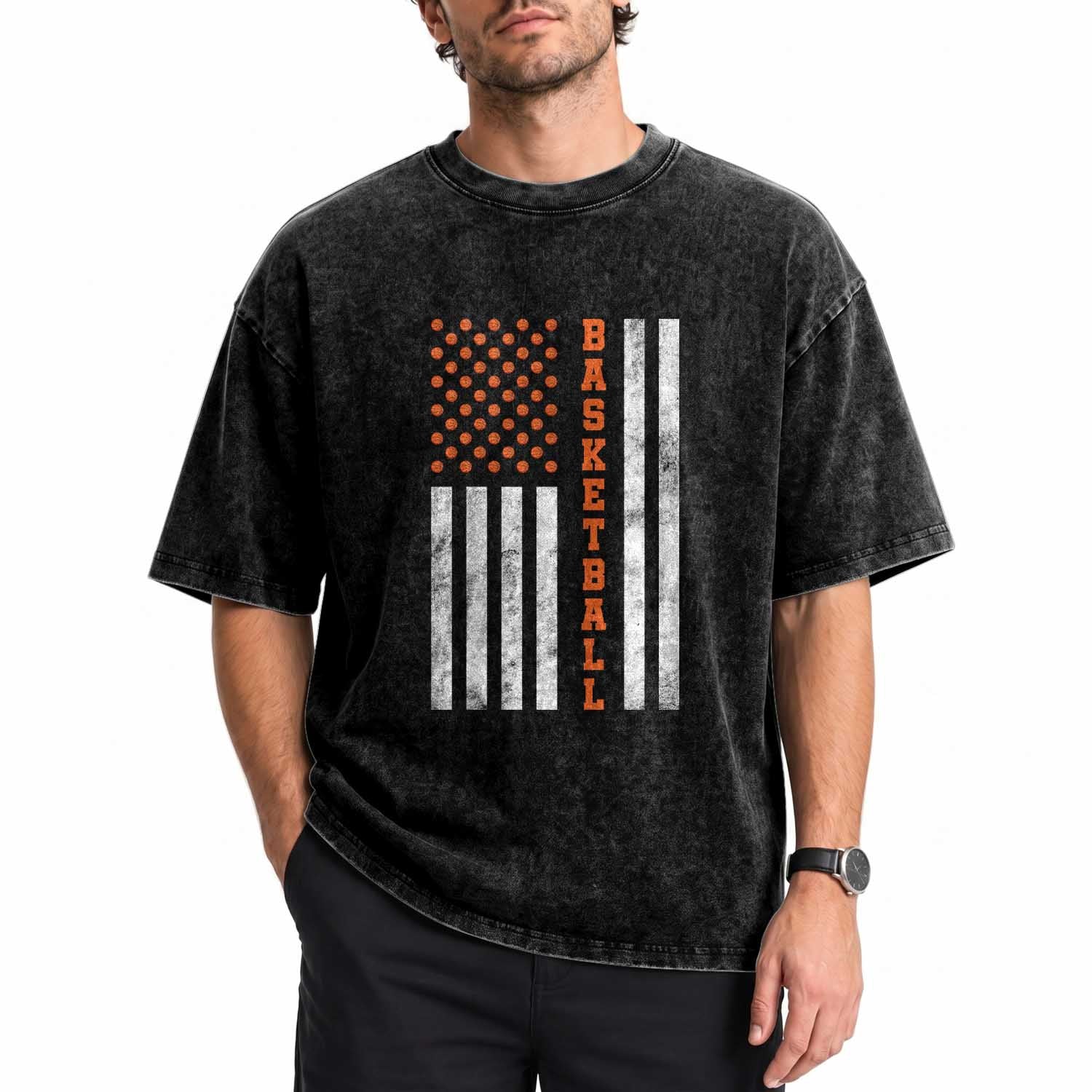 American Flag Basketball Washed Cotton T-Shirt USA Sports Fan
