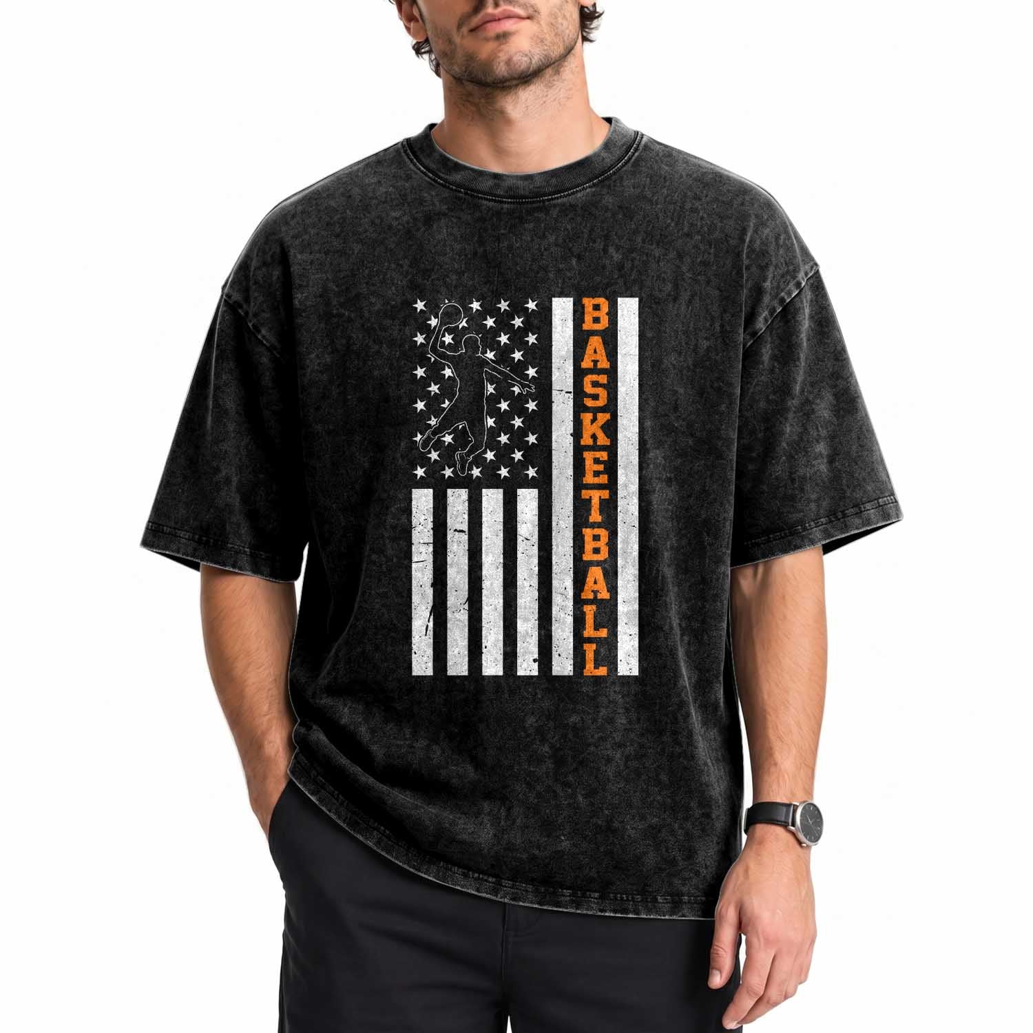 American Flag Basketball Washed Cotton T-Shirt Patriotic Sports Lover Gift