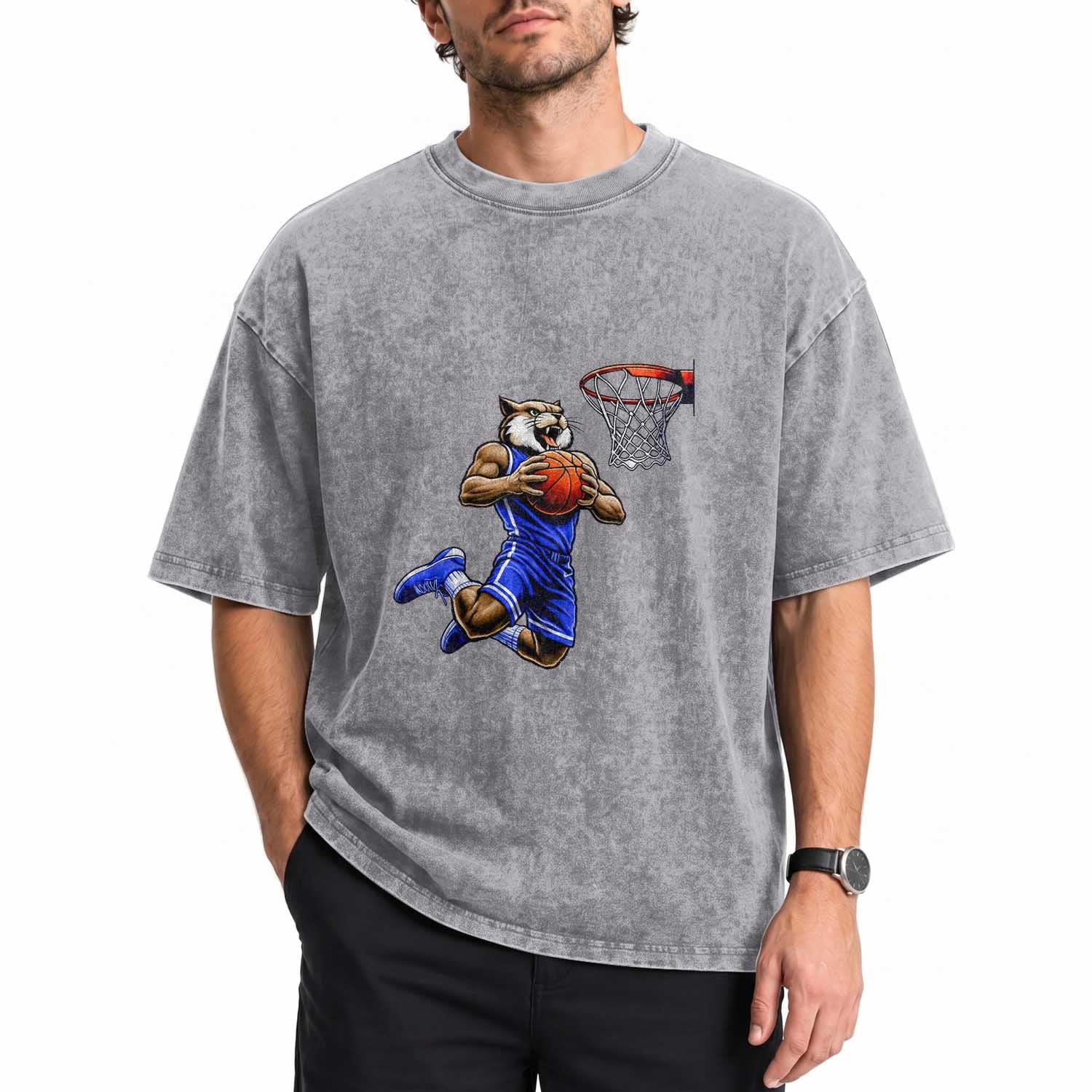 Funny Wildcat Dunking Basketball Washed Cotton T-Shirt Gift For Sports Fan