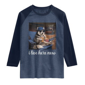 Funny Sarcastic Husky Basketball Raglan Shirt I Live Here Now TS12 Heather Denim Navy Print Your Wear