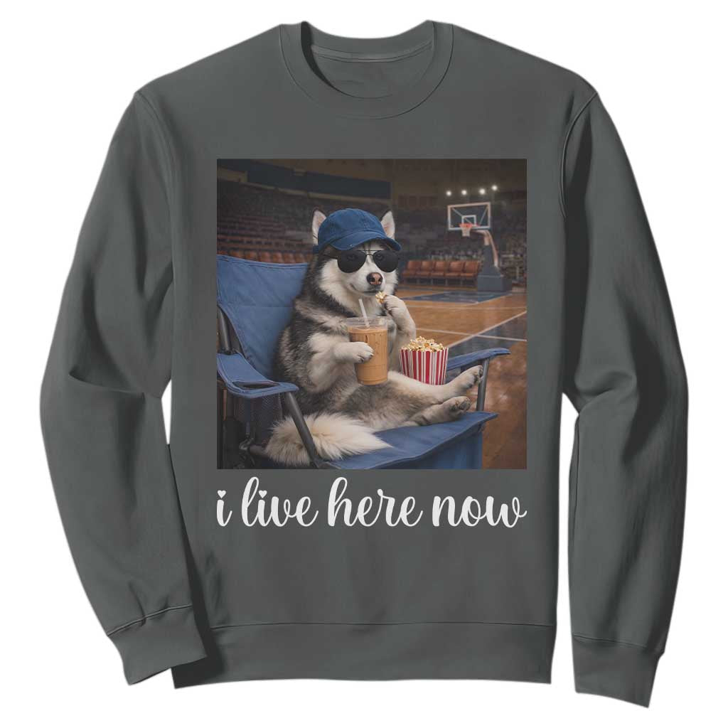 Funny Sarcastic Husky Basketball Sweatshirt I Live Here Now TS12 Dark Heather Print Your Wear