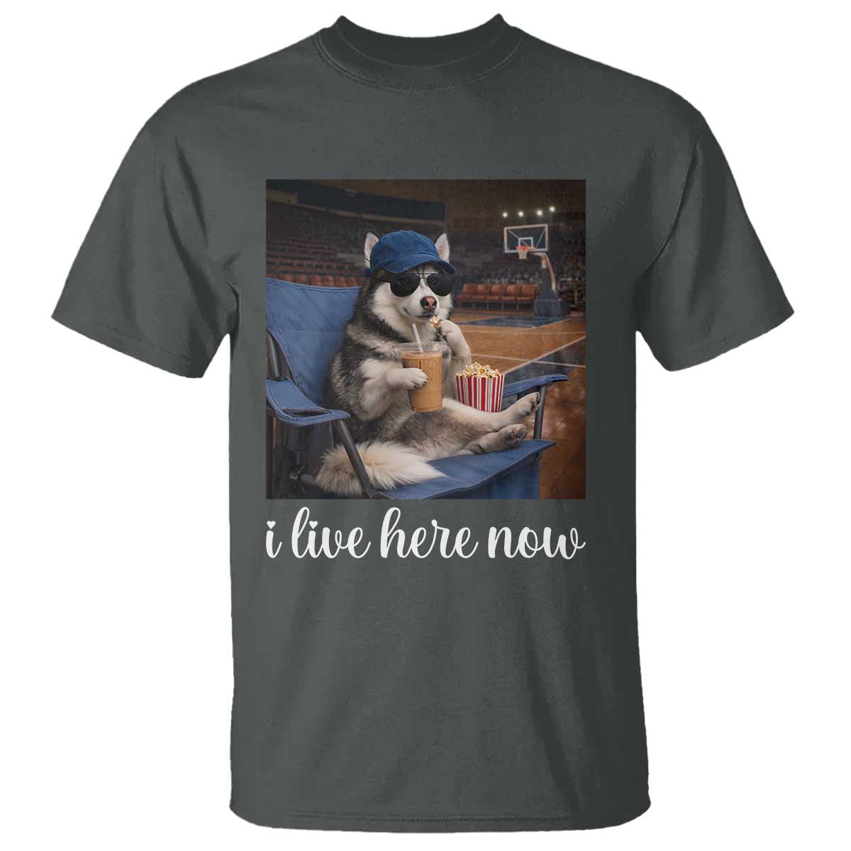 Funny Sarcastic Husky Basketball T Shirt I Live Here Now TS12 Dark Heather Print Your Wear
