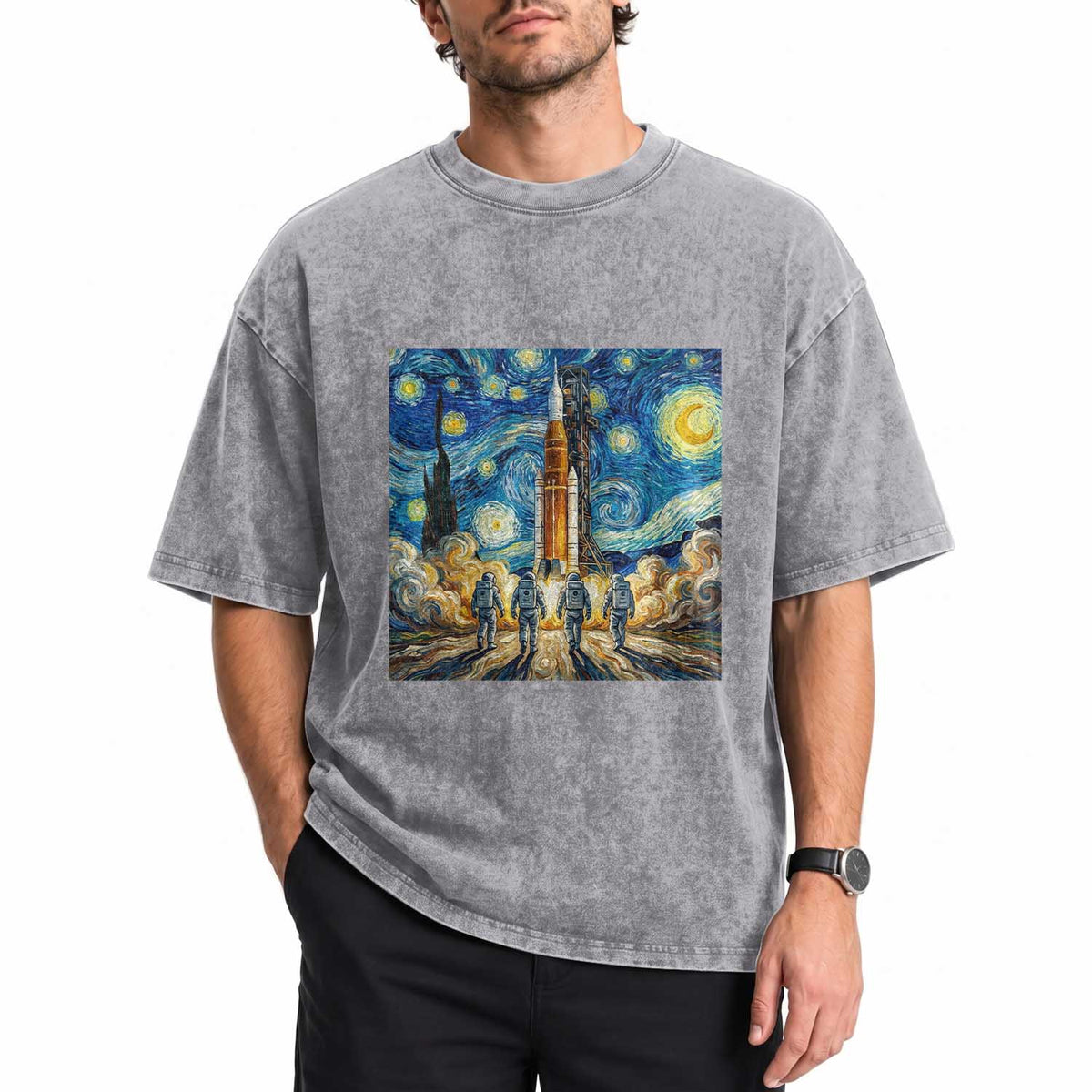 Lunar Mission Astronaut Starry Night Washed Cotton T-Shirt Space Lover Gift