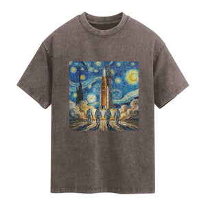 Lunar Mission Astronaut Starry Night Washed Cotton T-Shirt Space Lover Gift