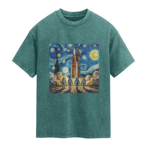 Lunar Mission Astronaut Starry Night Washed Cotton T-Shirt Space Lover Gift