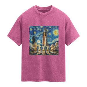 Lunar Mission Astronaut Starry Night Washed Cotton T-Shirt Space Lover Gift