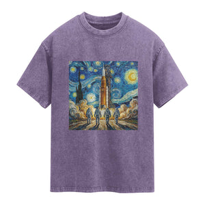 Lunar Mission Astronaut Starry Night Washed Cotton T-Shirt Space Lover Gift
