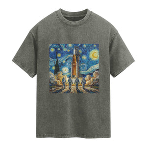 Lunar Mission Astronaut Starry Night Washed Cotton T-Shirt Space Lover Gift