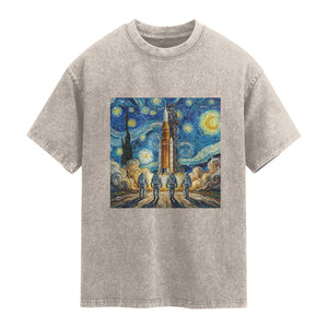 Lunar Mission Astronaut Starry Night Washed Cotton T-Shirt Space Lover Gift