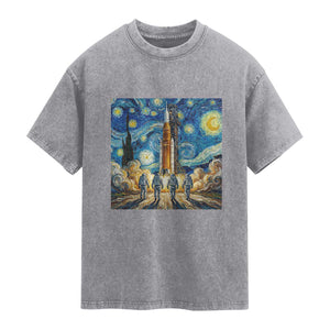 Lunar Mission Astronaut Starry Night Washed Cotton T-Shirt Space Lover Gift